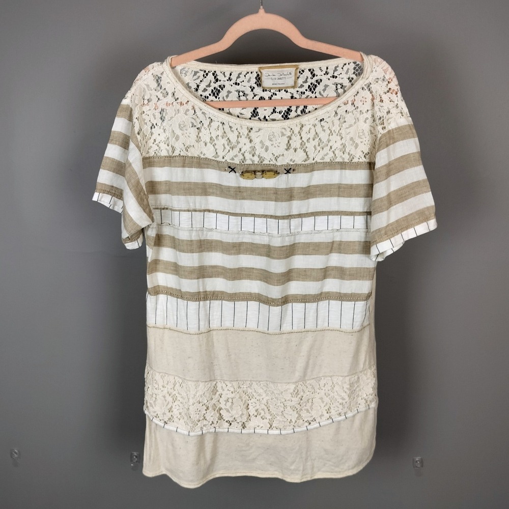 Elisa Cavaletti Lace Mixed Media Linen Striped Top Beige Cream Boho Artisanal